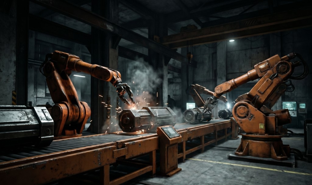 Industrial robotic arms welding parts on a factory conveyor line, sparks flying — bespoke systems under construction.