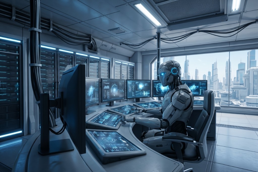 A humanoid AI operator at a futuristic control console with cyan-lit displays and server racks — the system in operation.